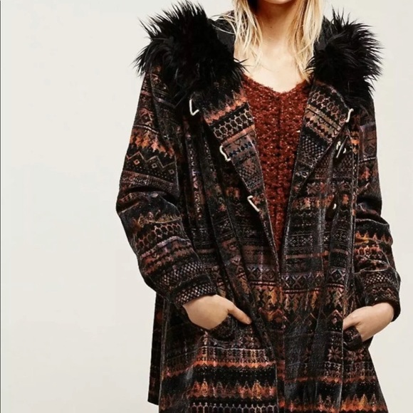 FREE PEOPLE PATTERNED FUR TRIMMED COAT XS